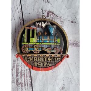 1975 Christmas Choo Choo Train Ornament Vintage Wood Resin Material